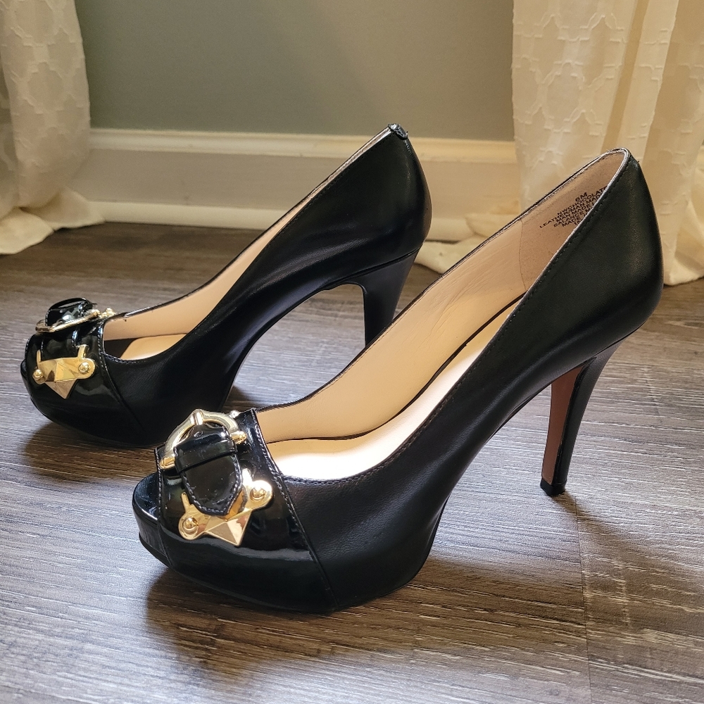 Nine West pumps, peep toe, gold buckle design, size 6M